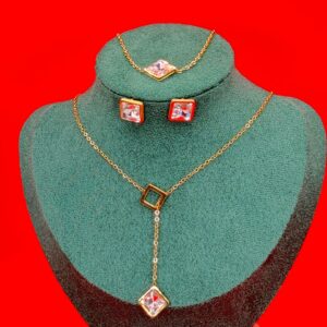 Azure Square Crystal Jewelry Set – Gold Lariat Necklace, Studs & Bracelet