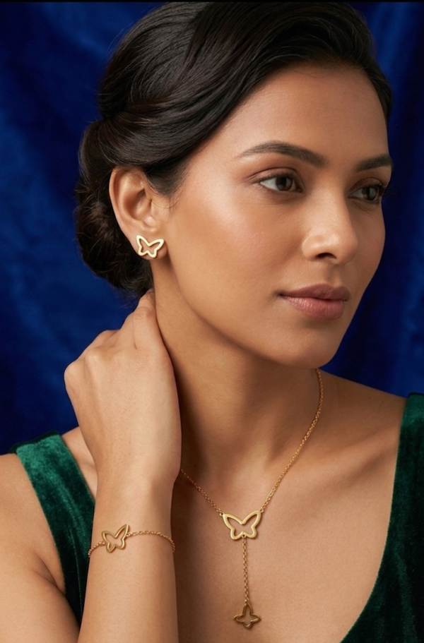 Aura Butterfly Gold Jewelry Set – Lariat Necklace, Stud Earrings & Bracelet