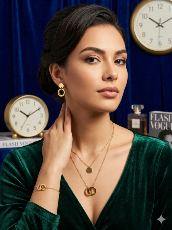 Interlocking Circle Gold Jewelry Set – Minimalist Pendant Necklace & Earrings