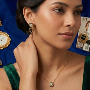Minimalist Circle Crystal Lariat Necklace & Earrings Set – Gold Plated