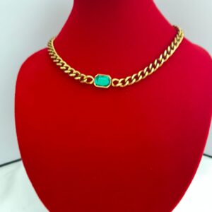Emerald Green Gemstone Chunky Gold Chain Necklace – Vintage-Inspired Statement Piece