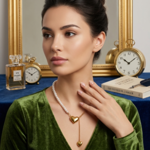 A model wearing the Pearl & Heart Lariat necklace, styled in a rich green velvet top, set against an elegant blue backdrop with a vintage-style mirror and clock.