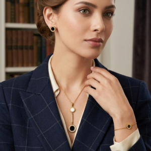 A professional woman wearing a dark navy windowpane-check blazer and a cream blouse, styled with the London Heritage Circle gold lariat necklace and matching earrings, set against a classic library background.