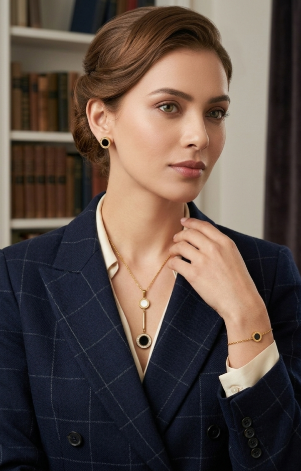 London Heritage Circle Gold Jewelry Set – Lariat Necklace & Stud Earrings