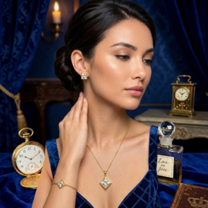 A model wearing the Prism square crystal necklace and matching stud earrings, styled in a dark blue velvet dress against a luxurious, vintage-inspired studio background.