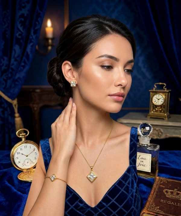Prism Square Crystal Jewelry Set – Modern Gold Geometric Necklace & Earrings