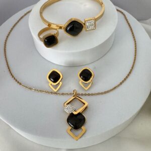 Onyx Geometric Gold Jewelry Set – Statement Necklace, Bangle, Ring & Earrings