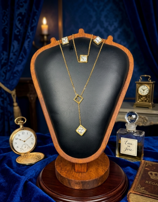 Prism Square Crystal Jewelry Set – Modern Gold Geometric Necklace & Earrings