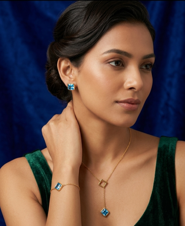 Azure Square Crystal Jewelry Set – Gold Lariat Necklace, Studs & Bracelet