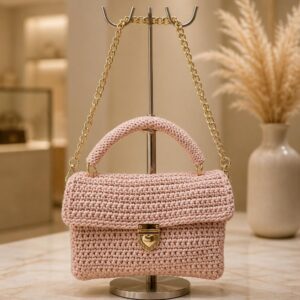 Beige Handmade Crochet Bag with Heart Clasp