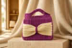 Handmade Bow-Accent Crochet Handbag – Purple & Cream