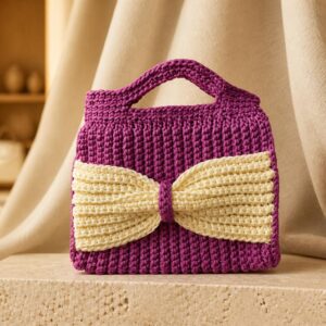 Handmade Bow-Accent Crochet Handbag – Purple & Cream