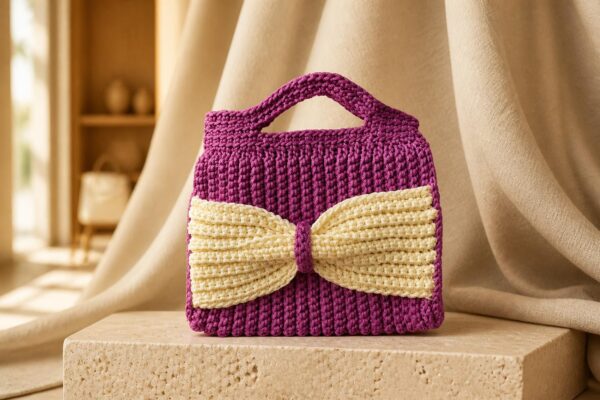 Handmade Bow-Accent Crochet Handbag – Purple & Cream