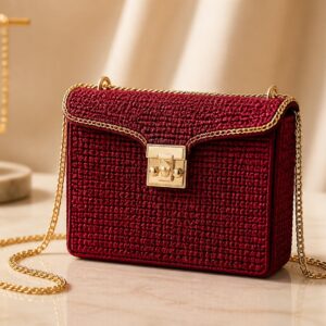 Handmade Crimson Crochet Crossbody Bag – Gold Chain Strap
