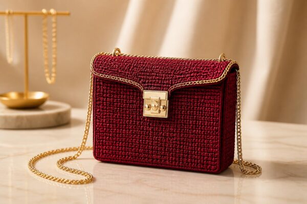 Handmade Crimson Crochet Crossbody Bag – Gold Chain Strap