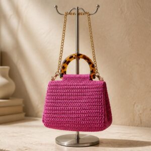 Handmade Fuchsia Crochet Bag with Tortoiseshell Handle