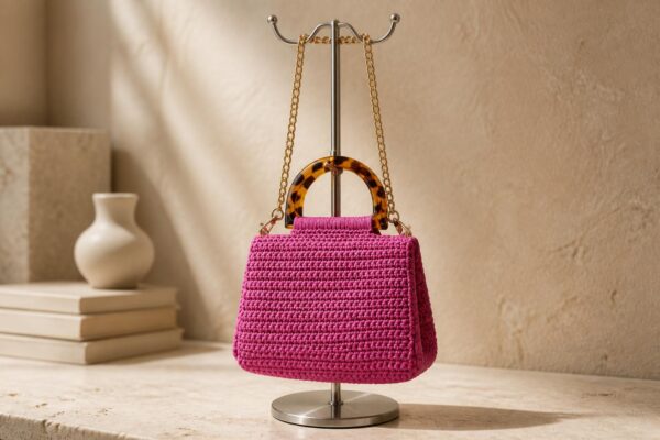 Handmade Fuchsia Crochet Bag with Tortoiseshell Handle