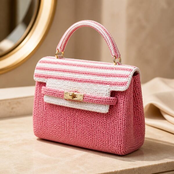 Handmade Pink & White Striped Crochet Top-Handle Bag
