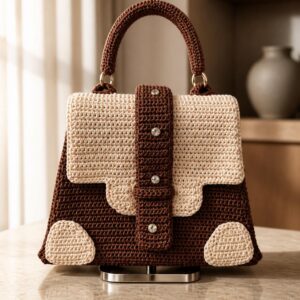 Handmade Two-Tone Crochet Handbag – Brown & Cream with Crystal Details