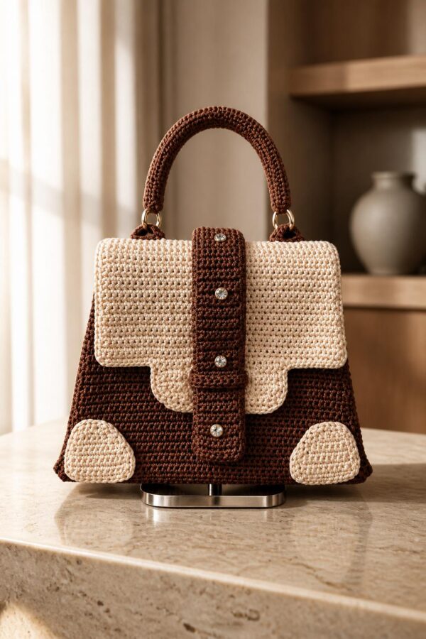 Handmade Two-Tone Crochet Handbag – Brown & Cream with Crystal Details
