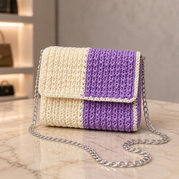 Two-Tone Cream & Purple Handmade Crochet Shoulder Bag
